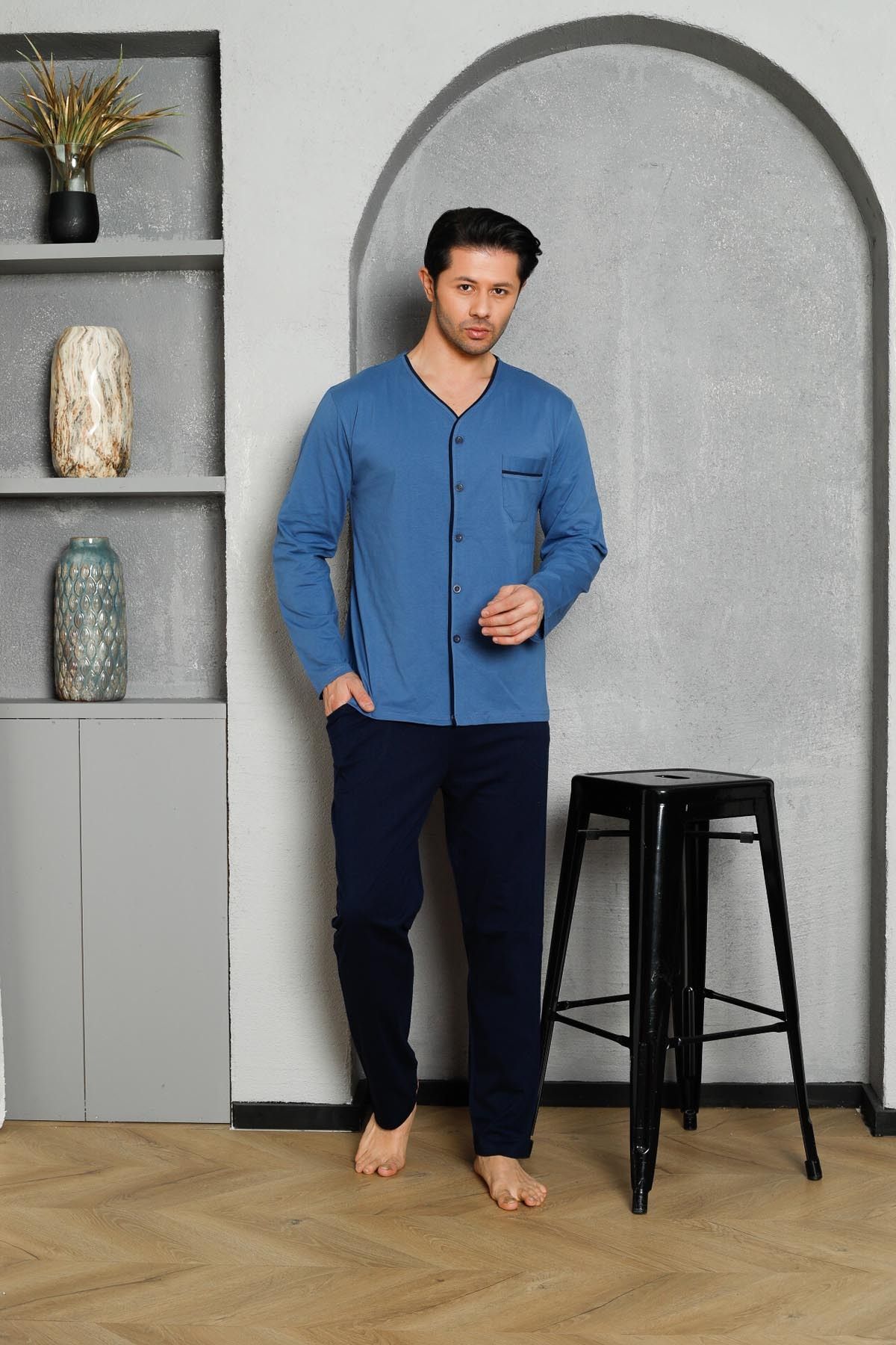 Men's Pajama Set Long Sleeve Single Jersey Long Sleeve Button Down Top Pocket Cotton M58262315