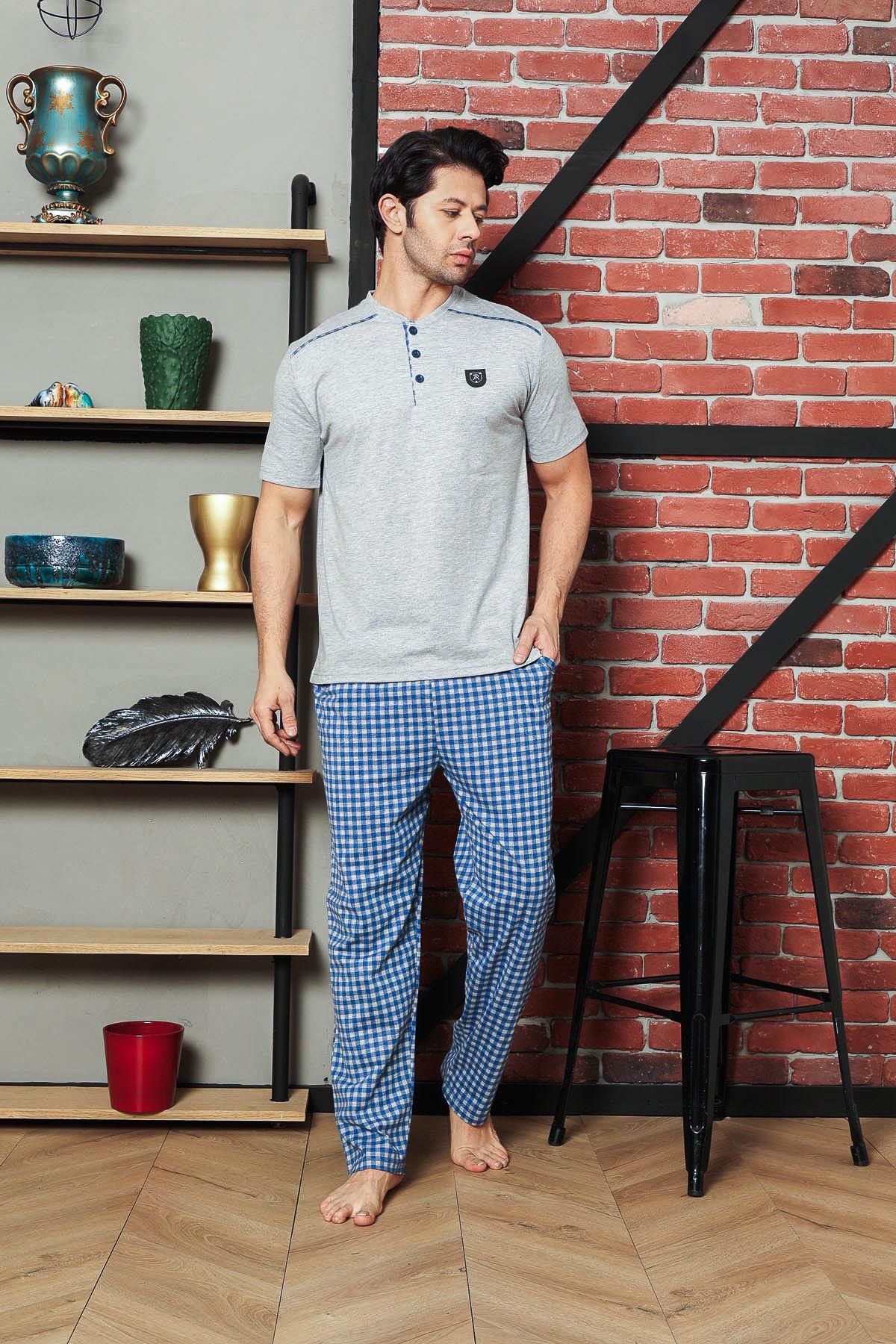 Men's Pajama Set Single Jersey Short Sleeve Summer Shoulder Padded Small Plaid Crested Cotton M58362313