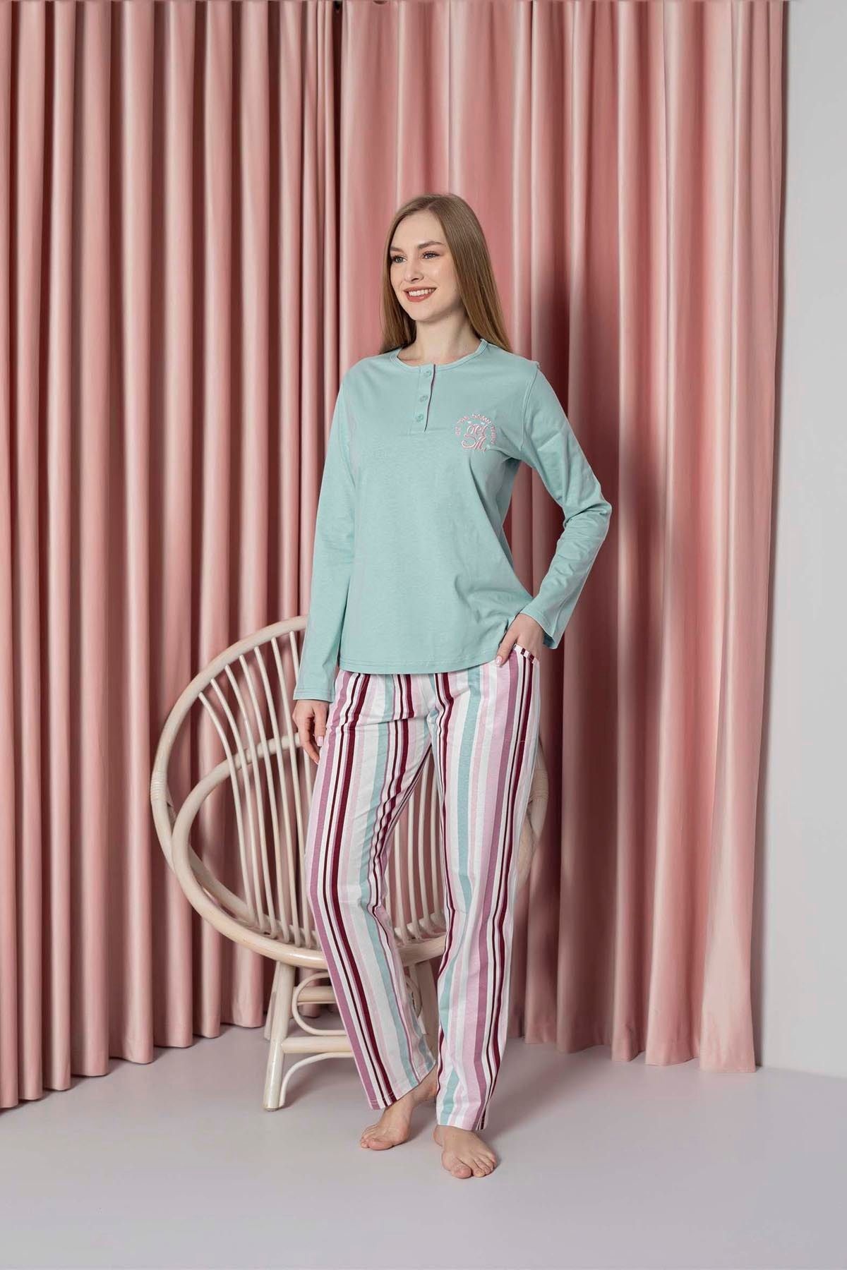 Women's Pajama Set Single Jersey Long Sleeve Bottom Stripe Chest Embroidery Cotton W20712327