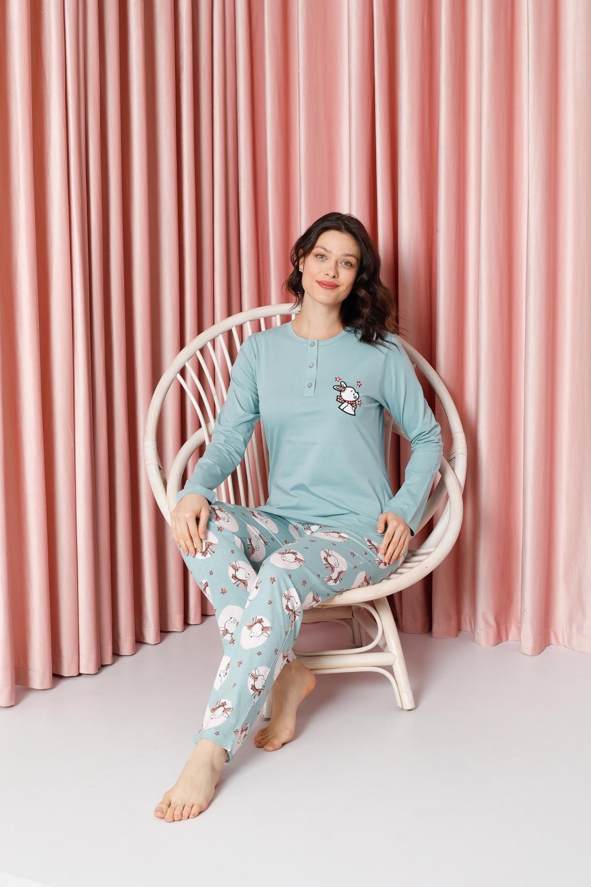 Women's Pajama Set Long Sleeve Rabbit Print Cotton Single Jersey W20632316