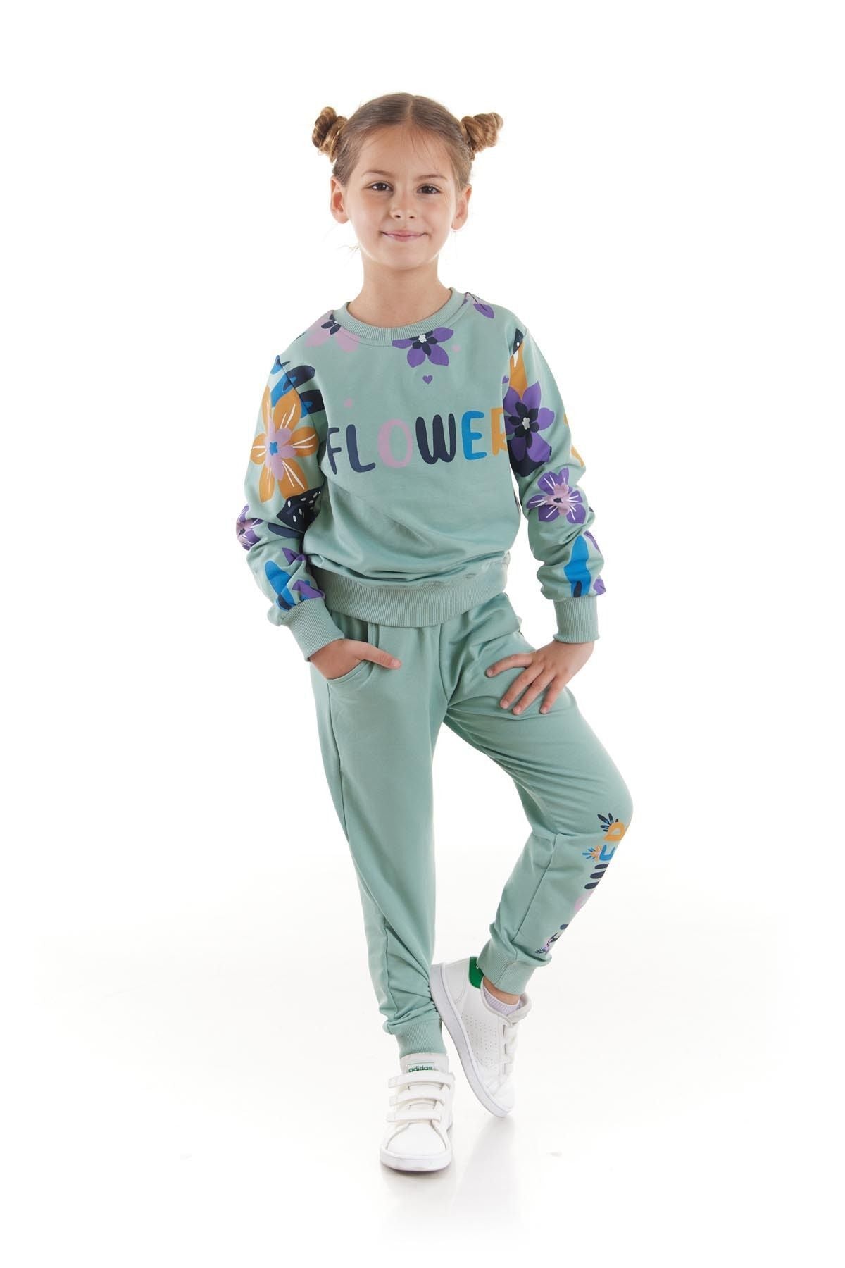 Girl's Tracksuit Set Flower Printed Bottom Top Double Set Cotton Seasonal Ak2505