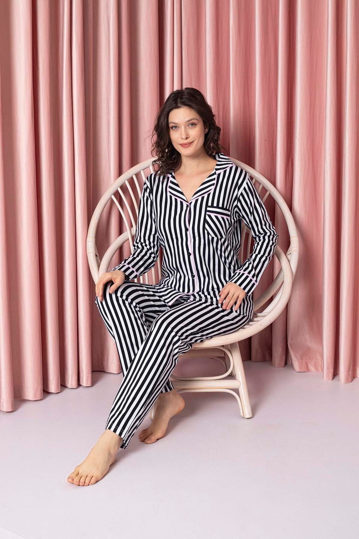 Women's Pajama Set Single Jersey Long Neck Striped Baby Collar Neck Button Cotton Seasonal W20592298