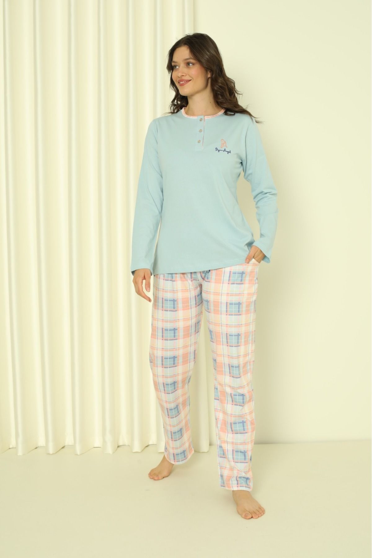 Women's Pajama Set Single Jersey Long Sleeve Under Sleeve Plaid Cotton Seasonal W20302244