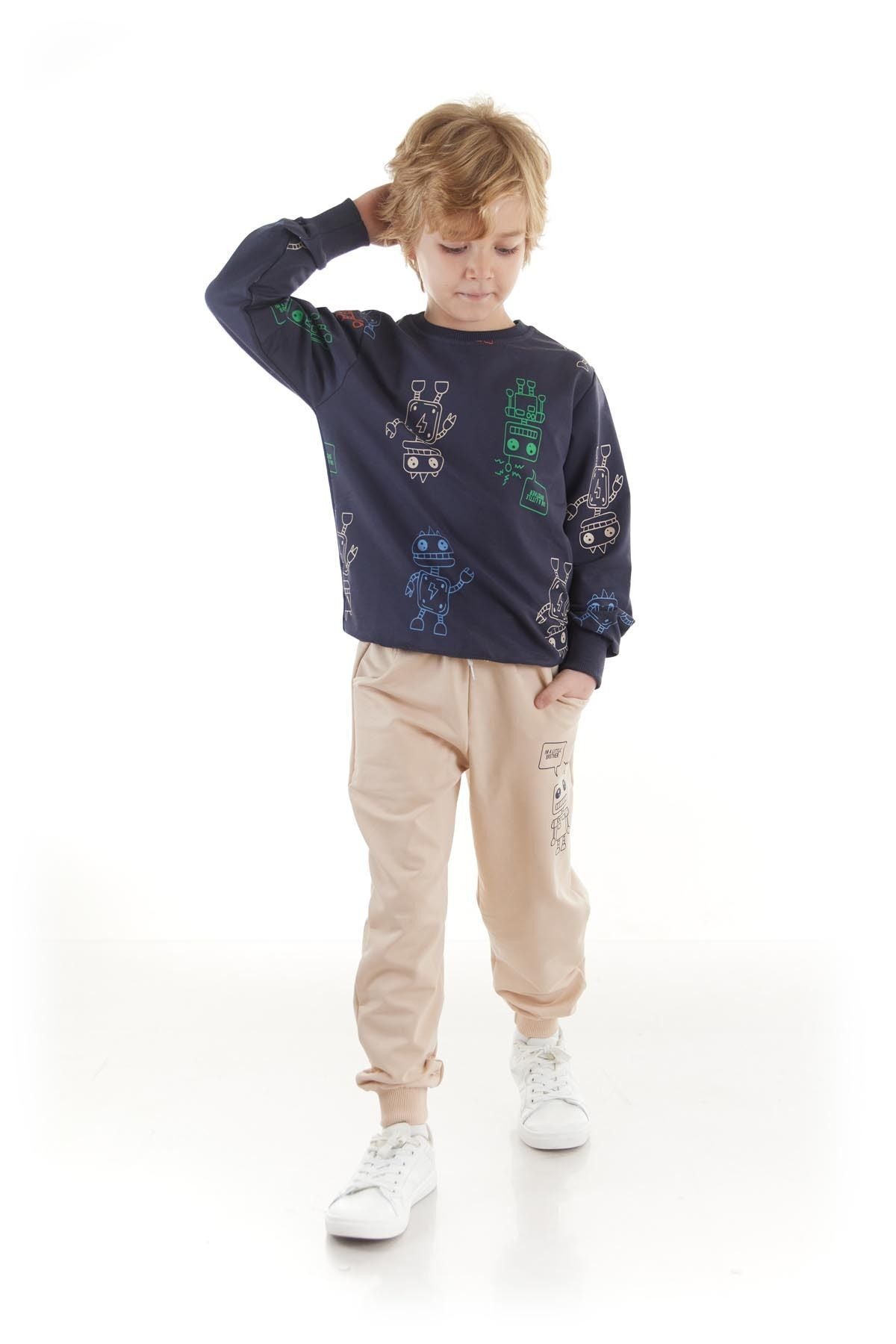 Kids Boys Tracksuit Set Robot Printed Bottom Top Double Set Cotton Seasonal Ak2506