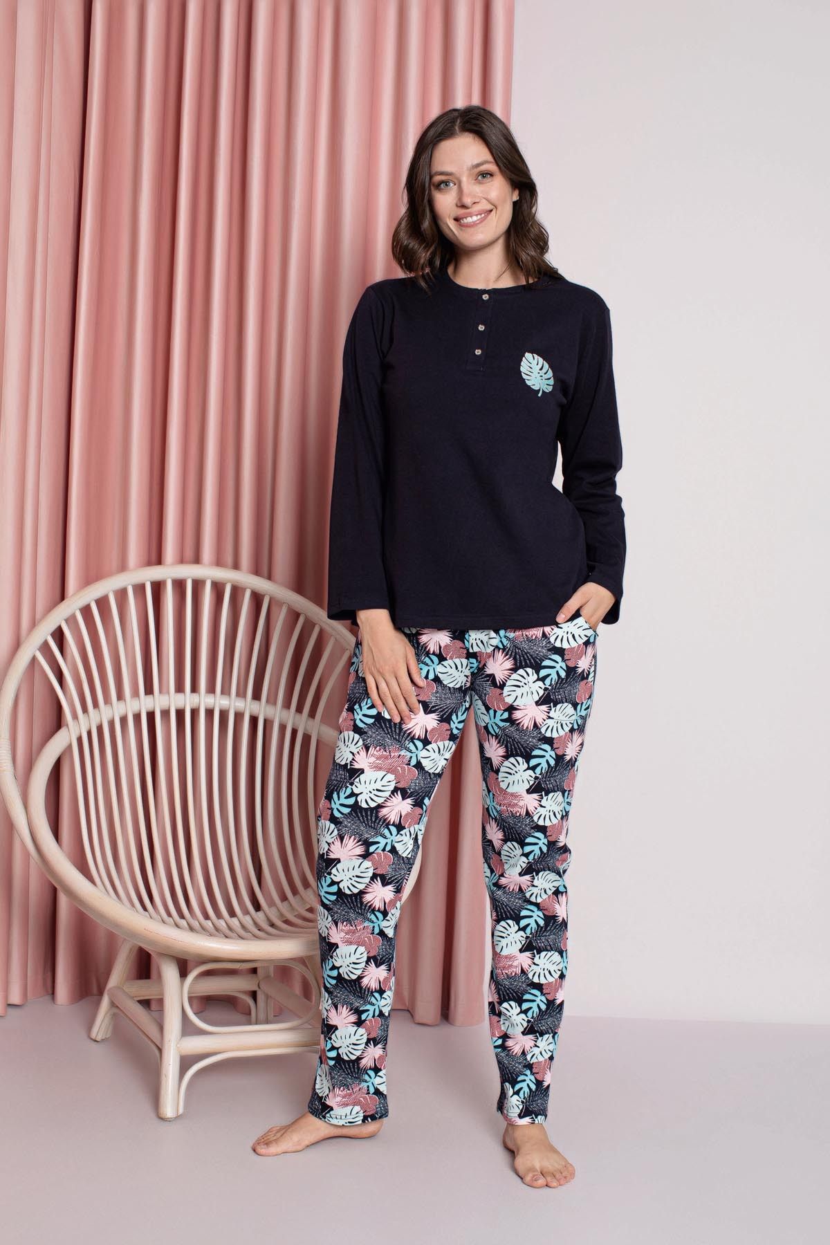 Women's Pajama Set Interlock Leaf Pattern Leaf Pattern Three Button Cotton Seasonal W20362294