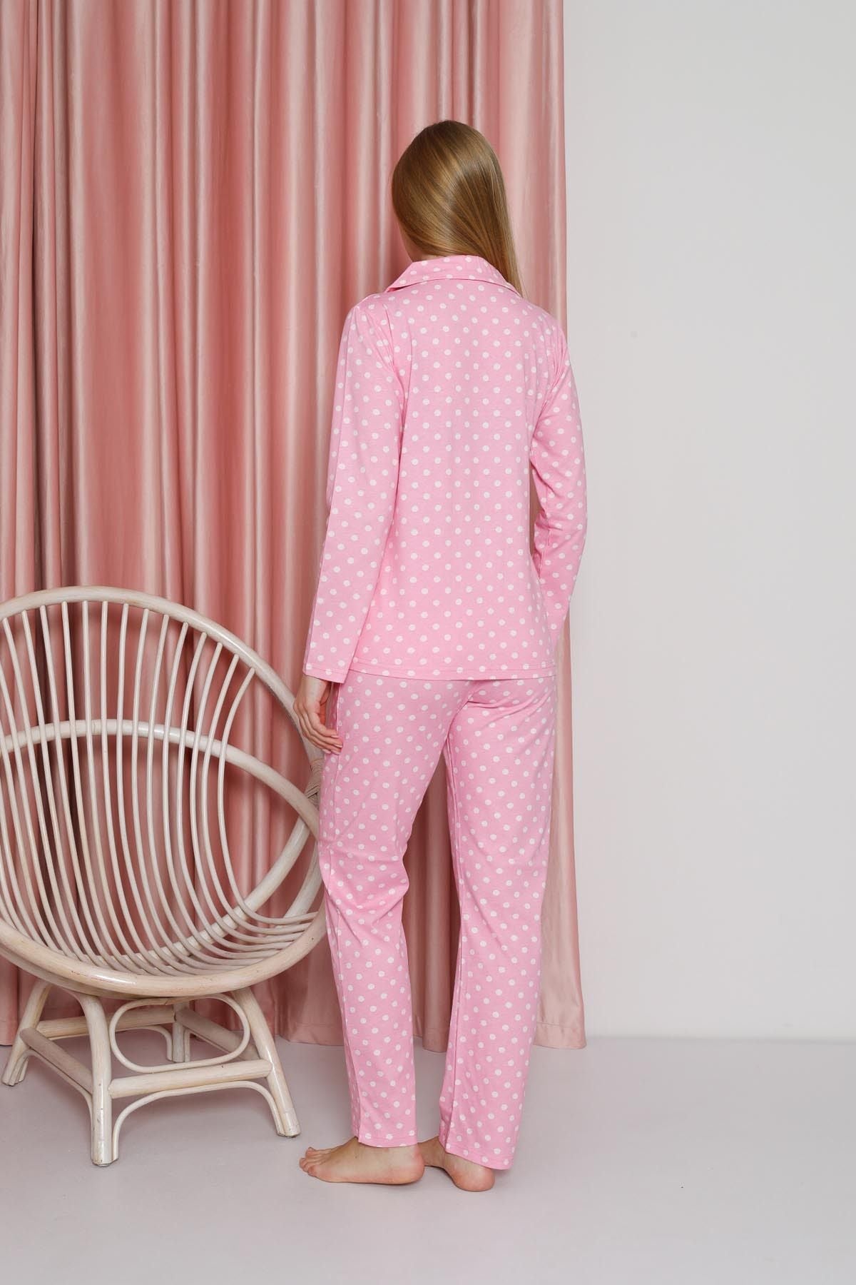 Women's Pajama Set Single Jersey Long Sleeve Polka Dot Neck Button Pockets Cotton Seasonal W20612304