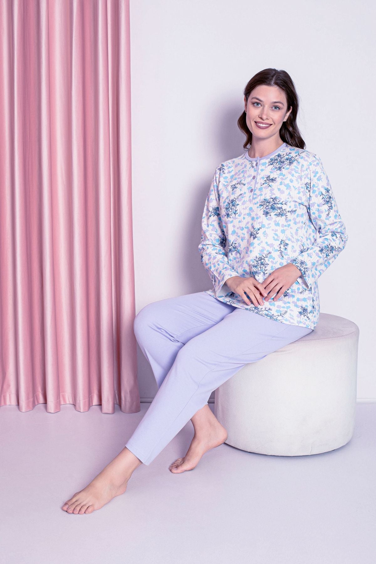 Women's Pajama Set Mother Interlock Three Button Top Floral Pattern Cotton Seasonal W30032258