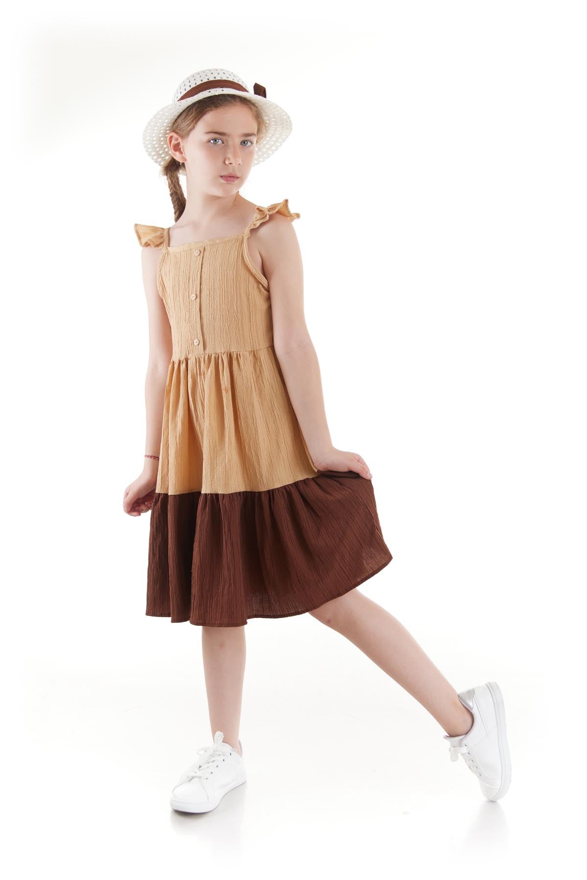 Girl's Buttoned Hat Summer Dress Cotton Ak2516