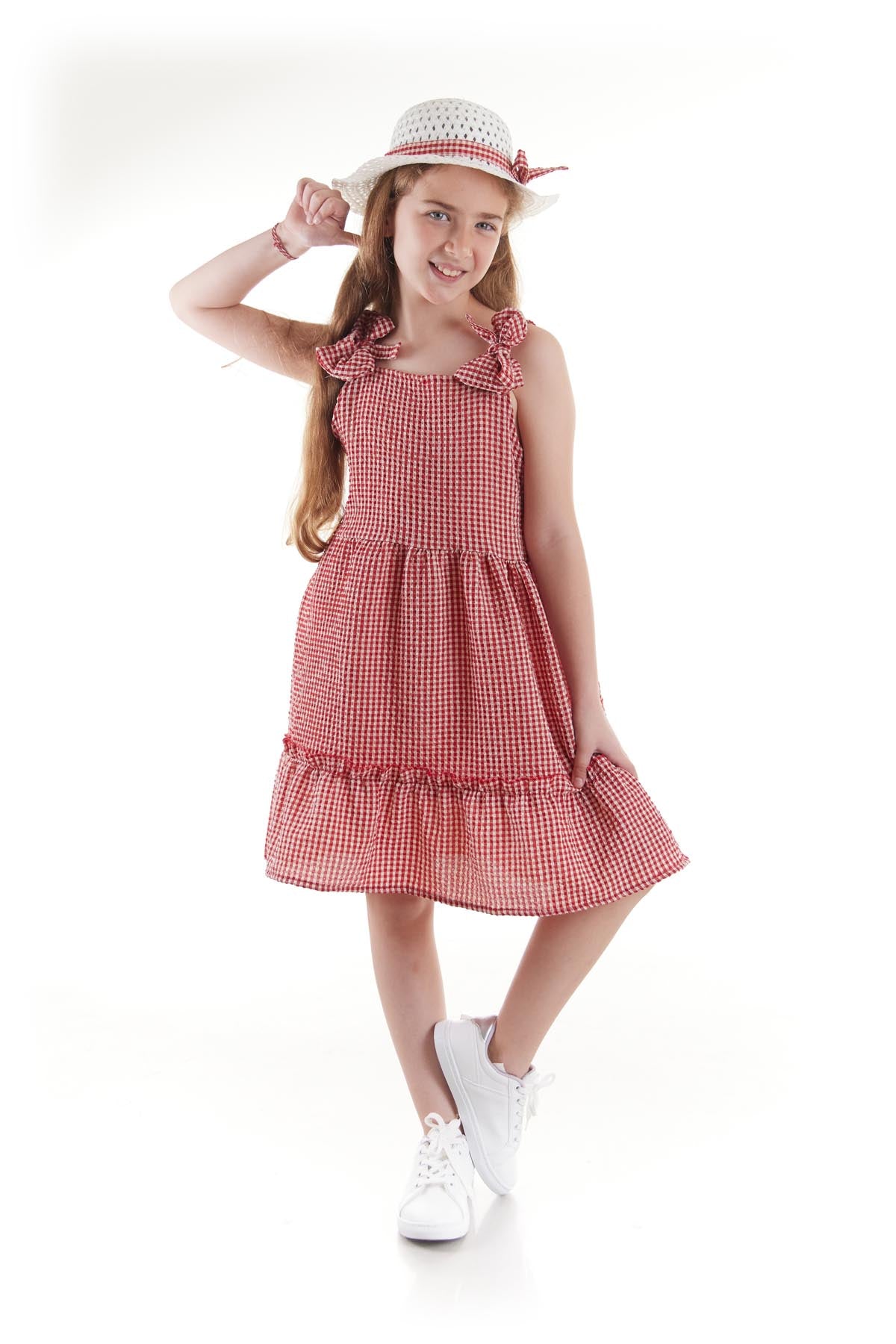 Girl's Dress Seersucker Pyramid Hat Set Dress Cotton Ak2524