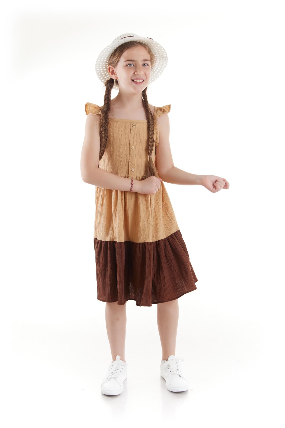 Girl's Buttoned Hat Summer Dress Cotton Ak2516