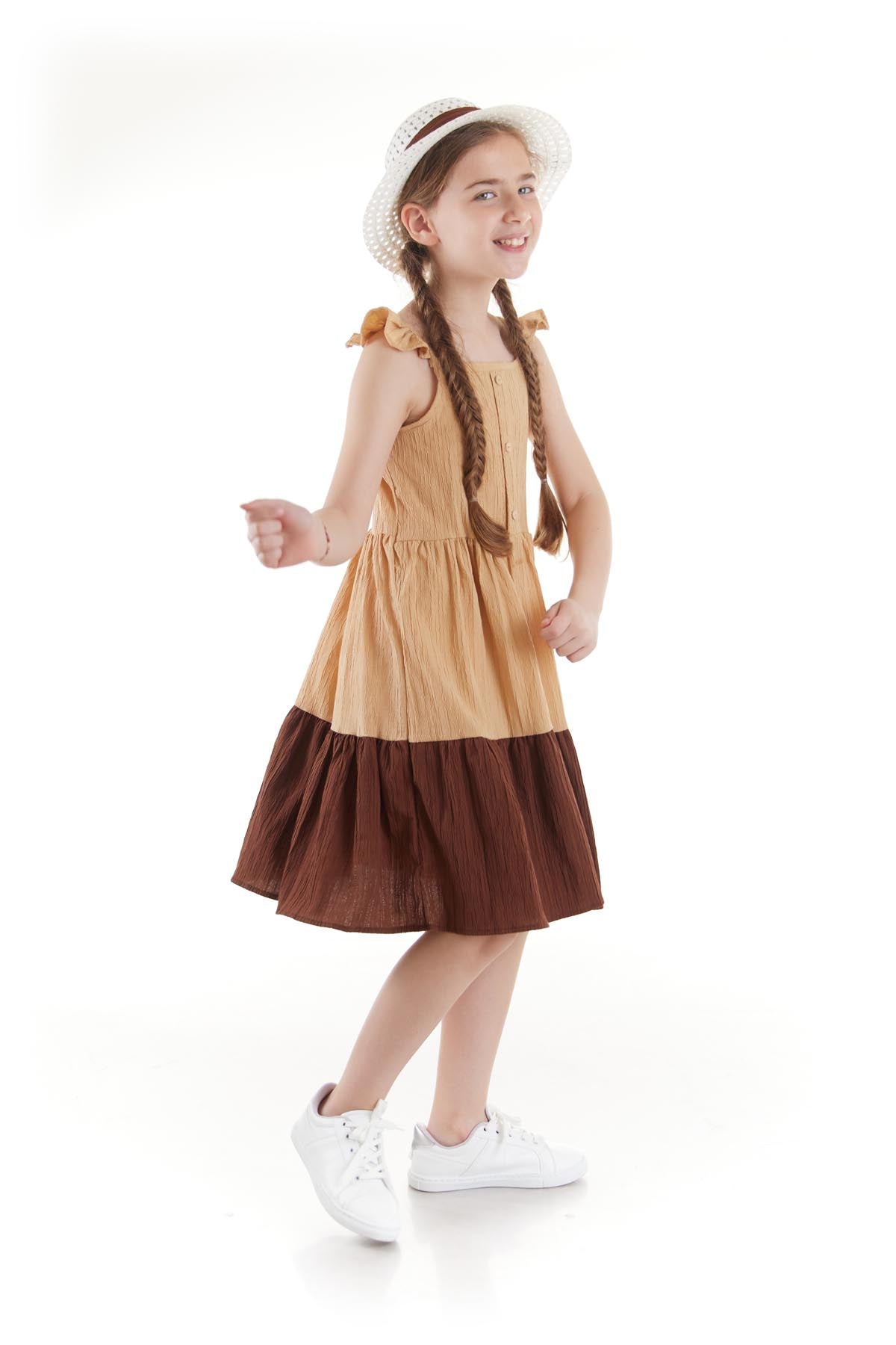 Girl's Buttoned Hat Summer Dress Cotton Ak2516