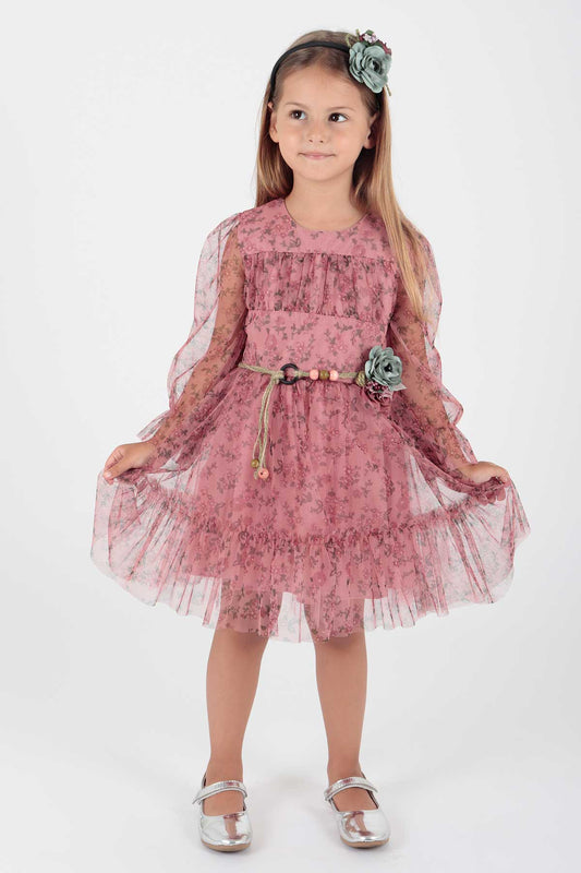 Girl's Dress Crowned Dress Belted Dress Floral Printed Tulle Ak2202