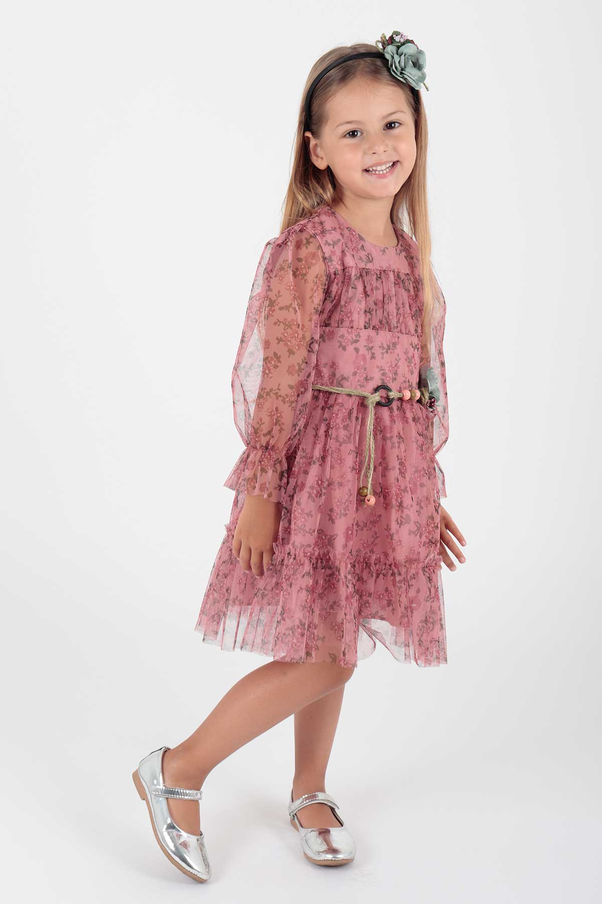 Girl's Dress Crowned Dress Belted Dress Floral Printed Tulle Ak2202