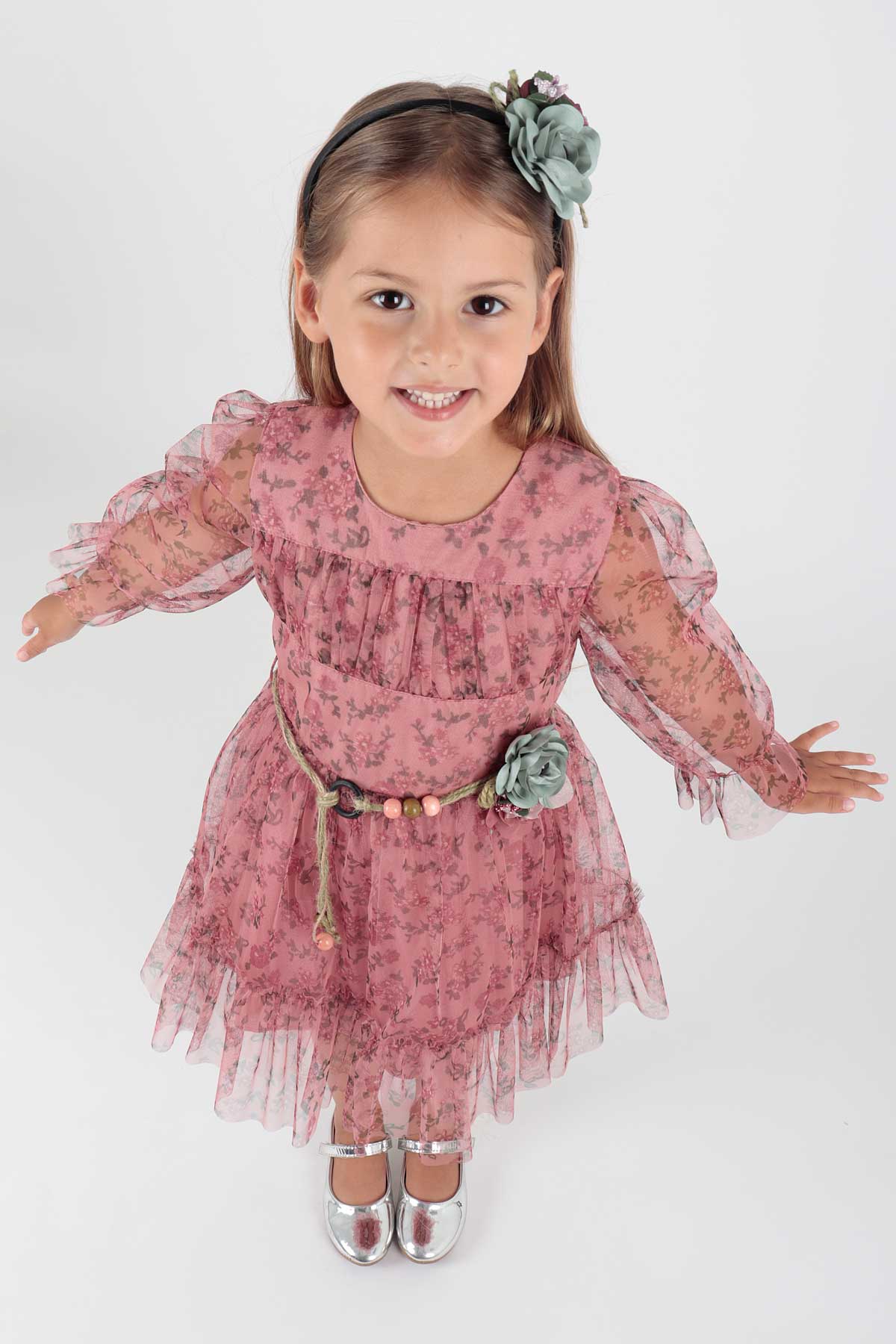 Girl's Dress Crowned Dress Belted Dress Floral Printed Tulle Ak2202