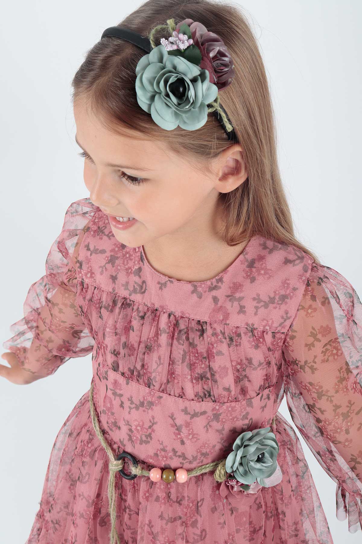 Girl's Dress Crowned Dress Belted Dress Floral Printed Tulle Ak2202