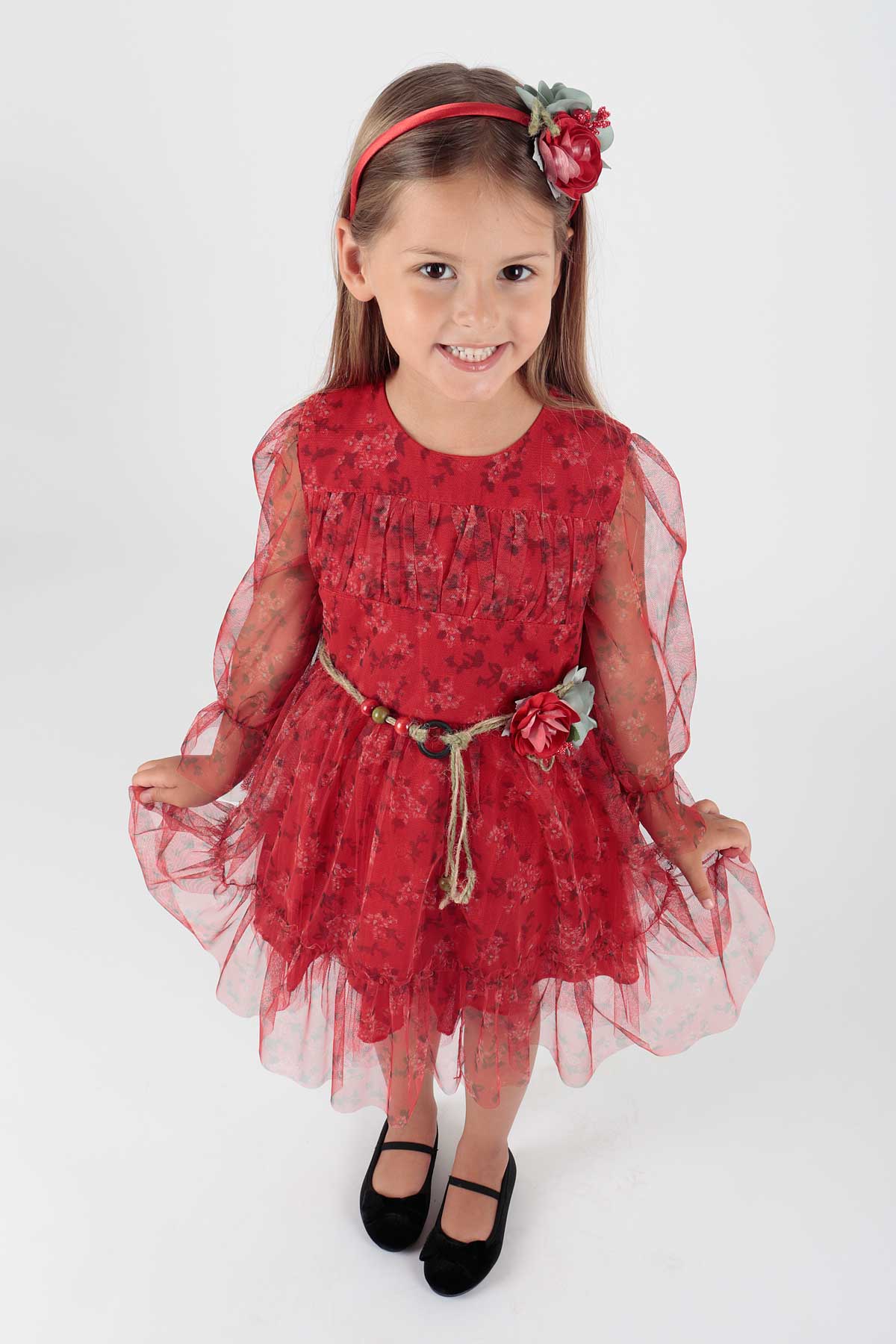 Girl's Dress Crowned Dress Belted Dress Floral Printed Tulle Ak2202