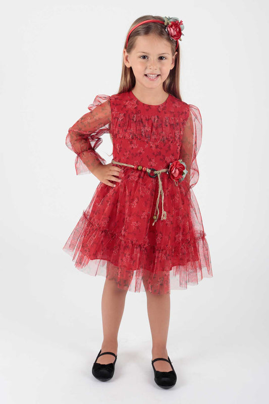 Girl's Dress Crowned Dress Belted Dress Floral Printed Tulle Ak2202