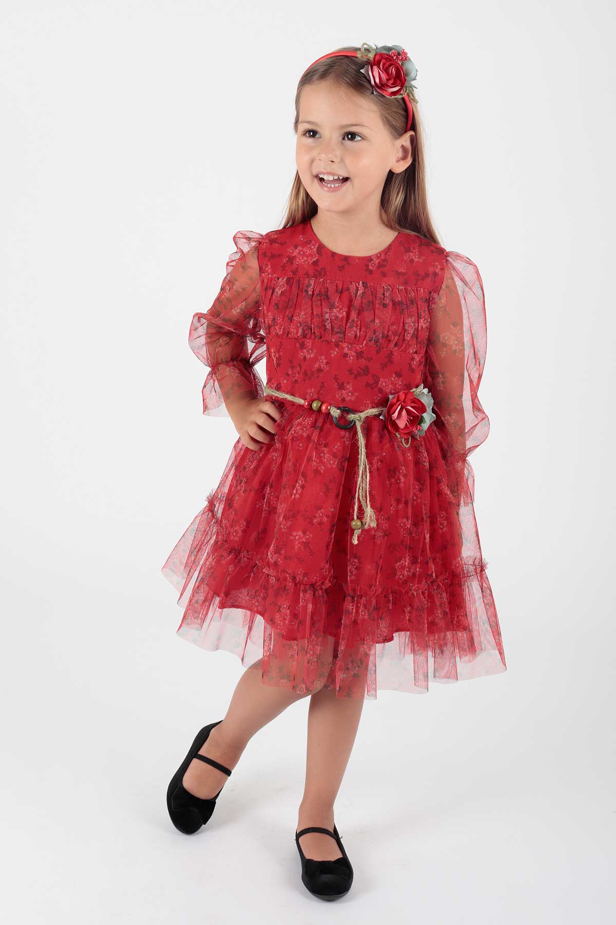 Girl's Dress Crowned Dress Belted Dress Floral Printed Tulle Ak2202