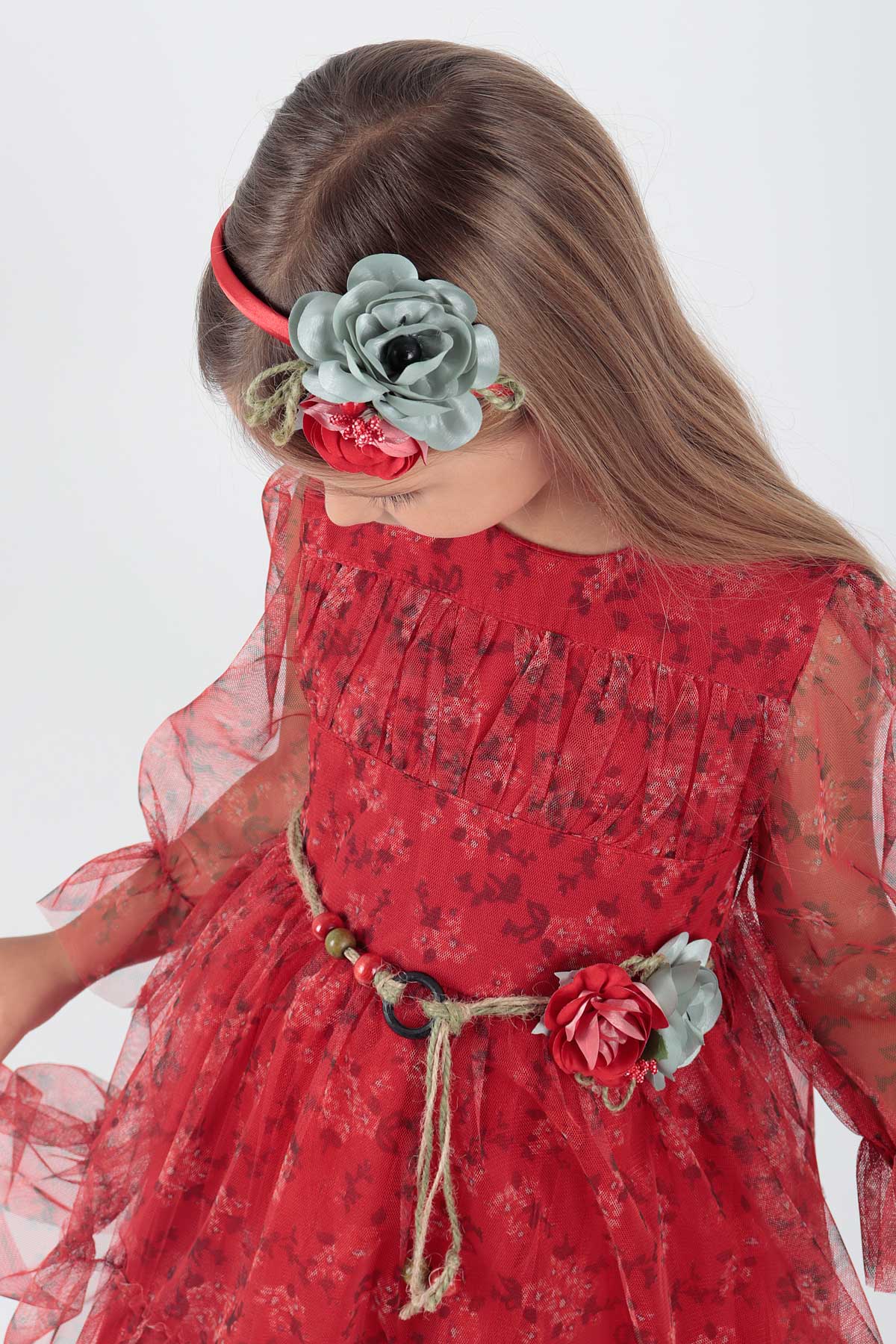 Girl's Dress Crowned Dress Belted Dress Floral Printed Tulle Ak2202