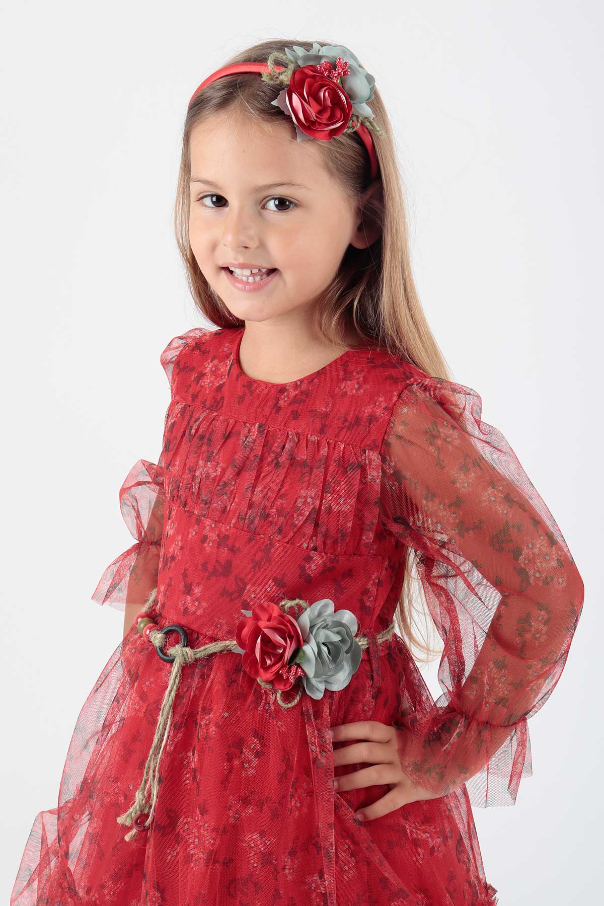 Girl's Dress Crowned Dress Belted Dress Floral Printed Tulle Ak2202