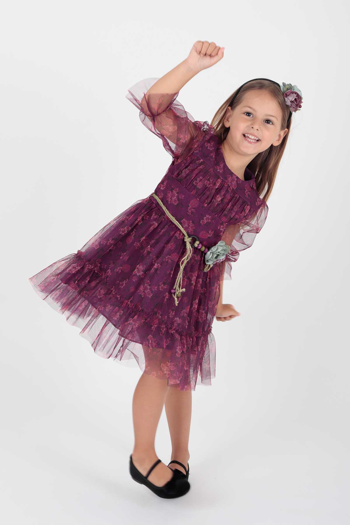 Girl's Dress Crowned Dress Belted Dress Floral Printed Tulle Ak2202