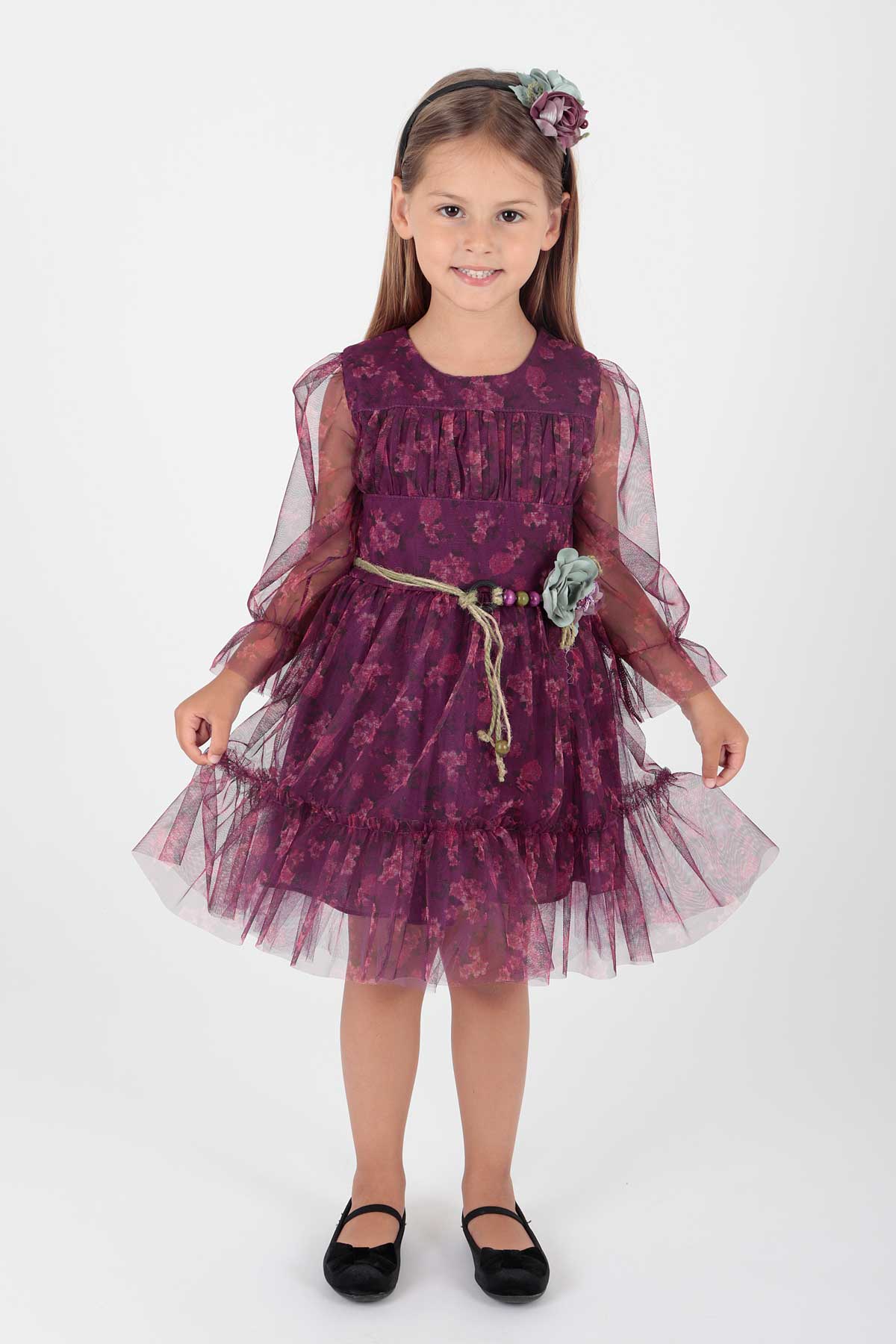 Girl's Dress Crowned Dress Belted Dress Floral Printed Tulle Ak2202