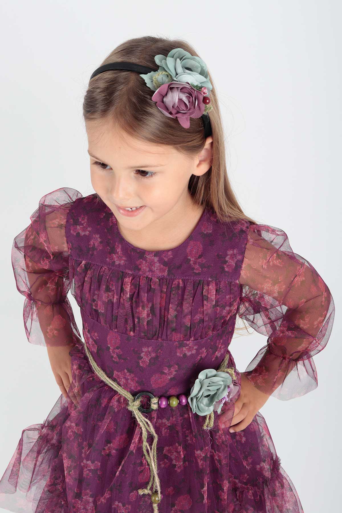 Girl's Dress Crowned Dress Belted Dress Floral Printed Tulle Ak2202