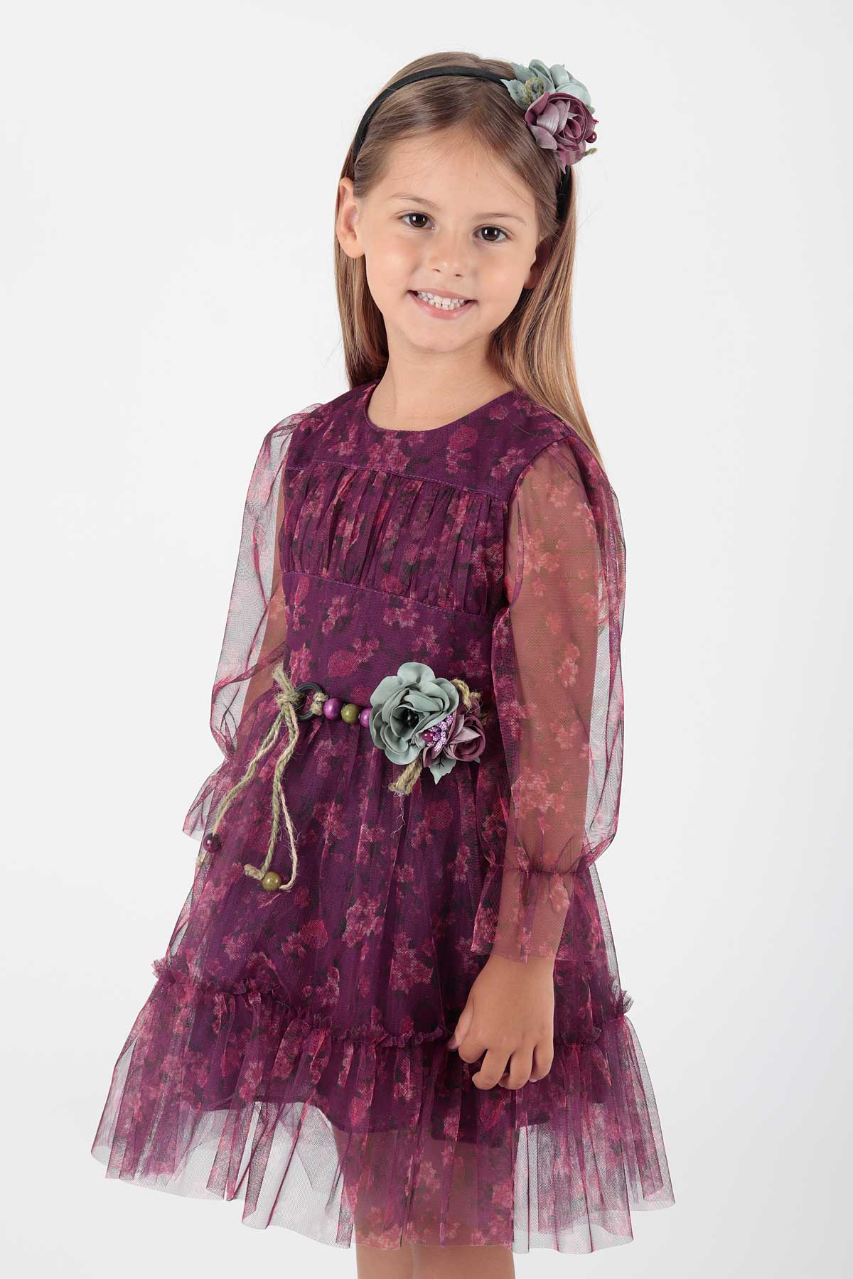 Girl's Dress Crowned Dress Belted Dress Floral Printed Tulle Ak2202