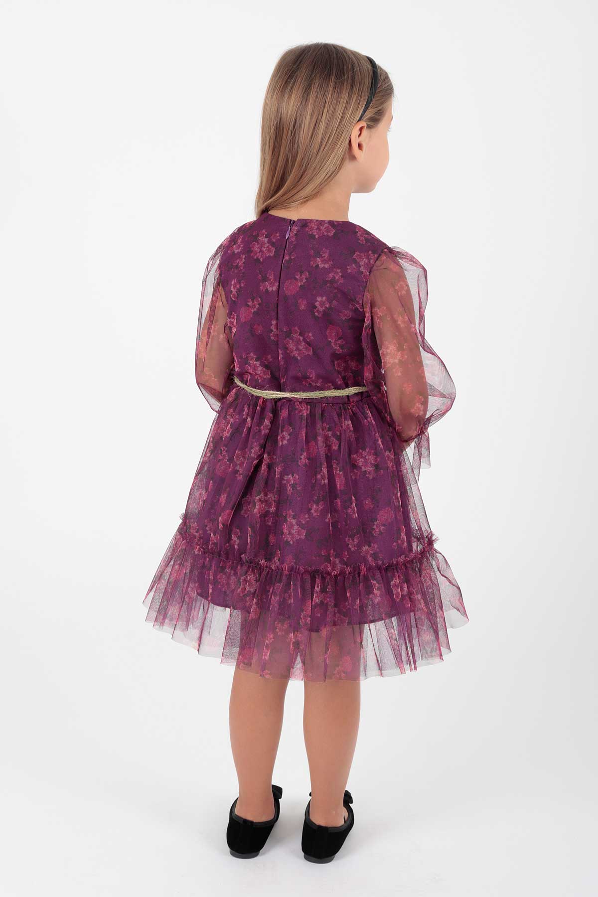 Girl's Dress Crowned Dress Belted Dress Floral Printed Tulle Ak2202