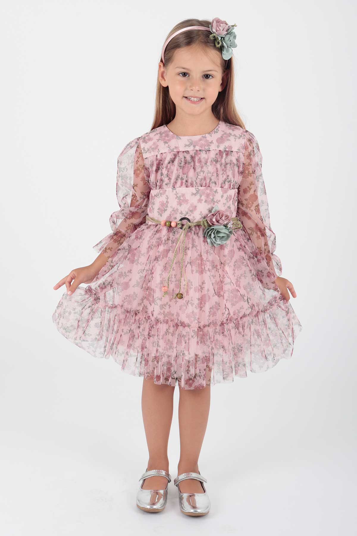 Girl's Dress Crowned Dress Belted Dress Floral Printed Tulle Ak2202