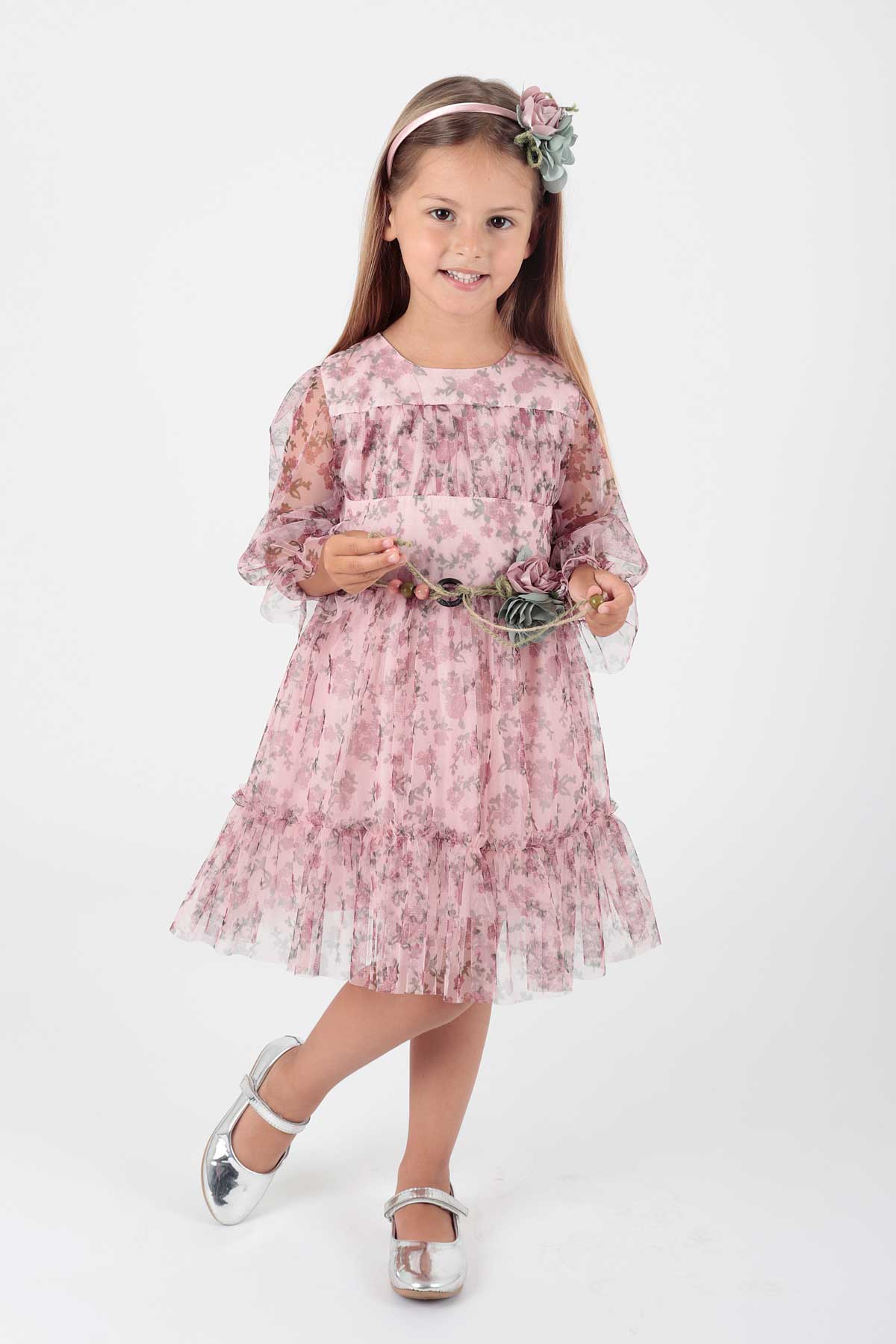 Girl's Dress Crowned Dress Belted Dress Floral Printed Tulle Ak2202