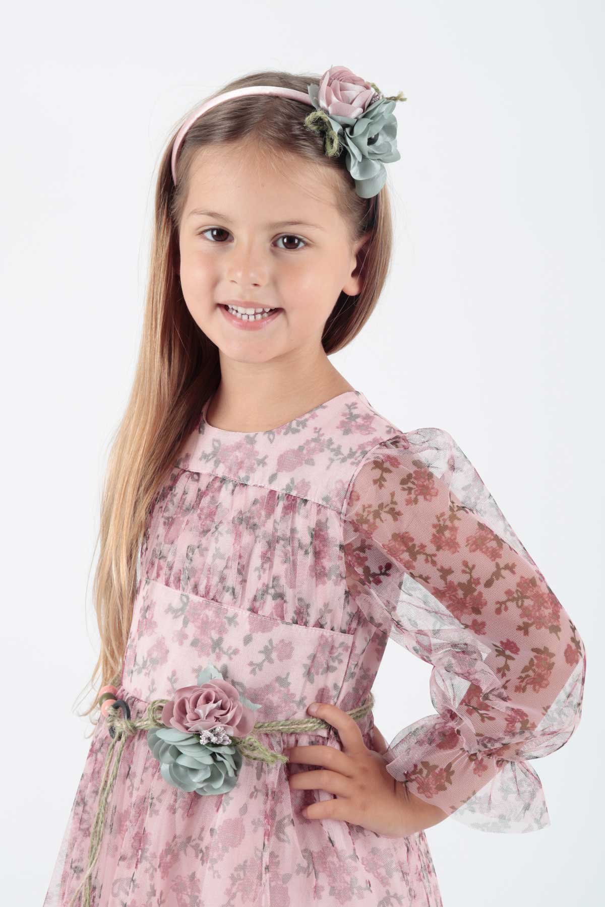 Girl's Dress Crowned Dress Belted Dress Floral Printed Tulle Ak2202