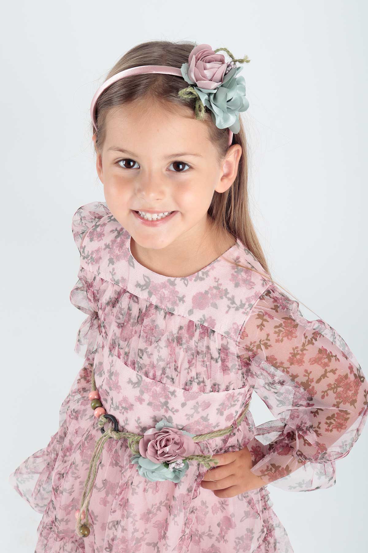 Girl's Dress Crowned Dress Belted Dress Floral Printed Tulle Ak2202