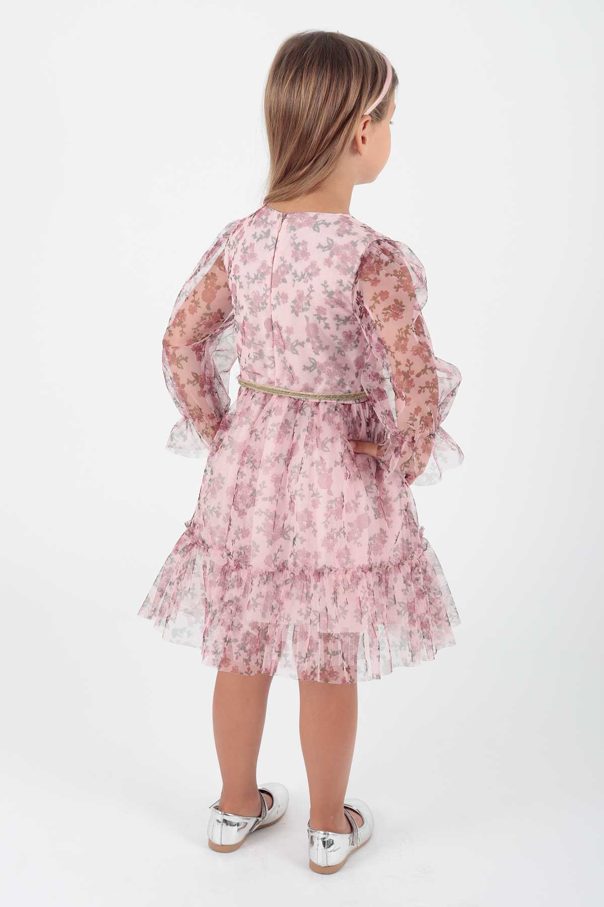 Girl's Dress Crowned Dress Belted Dress Floral Printed Tulle Ak2202