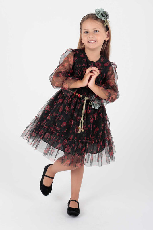 Girl's Dress Crowned Dress Belted Dress Floral Printed Tulle Ak2202