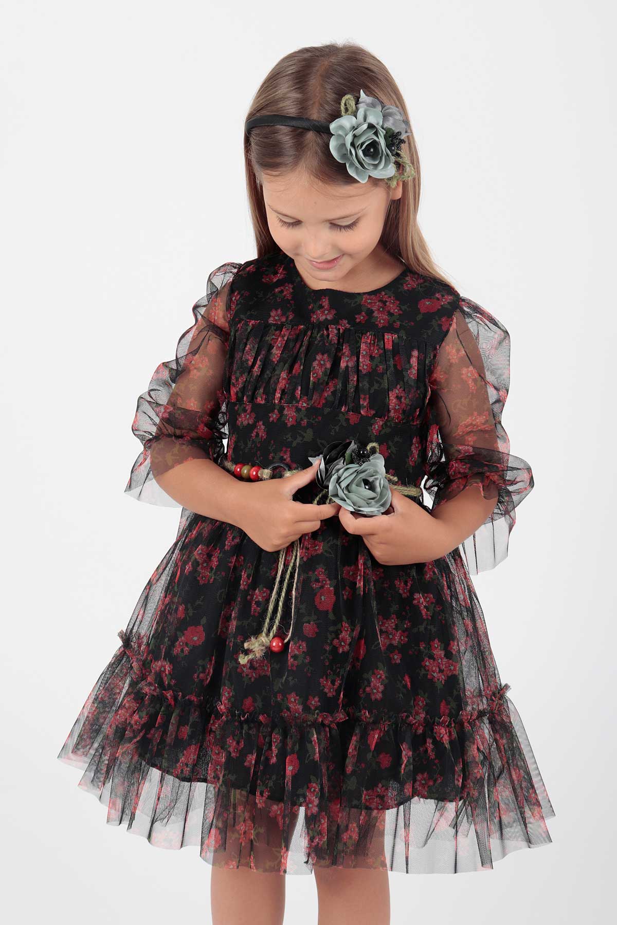 Girl's Dress Crowned Dress Belted Dress Floral Printed Tulle Ak2202