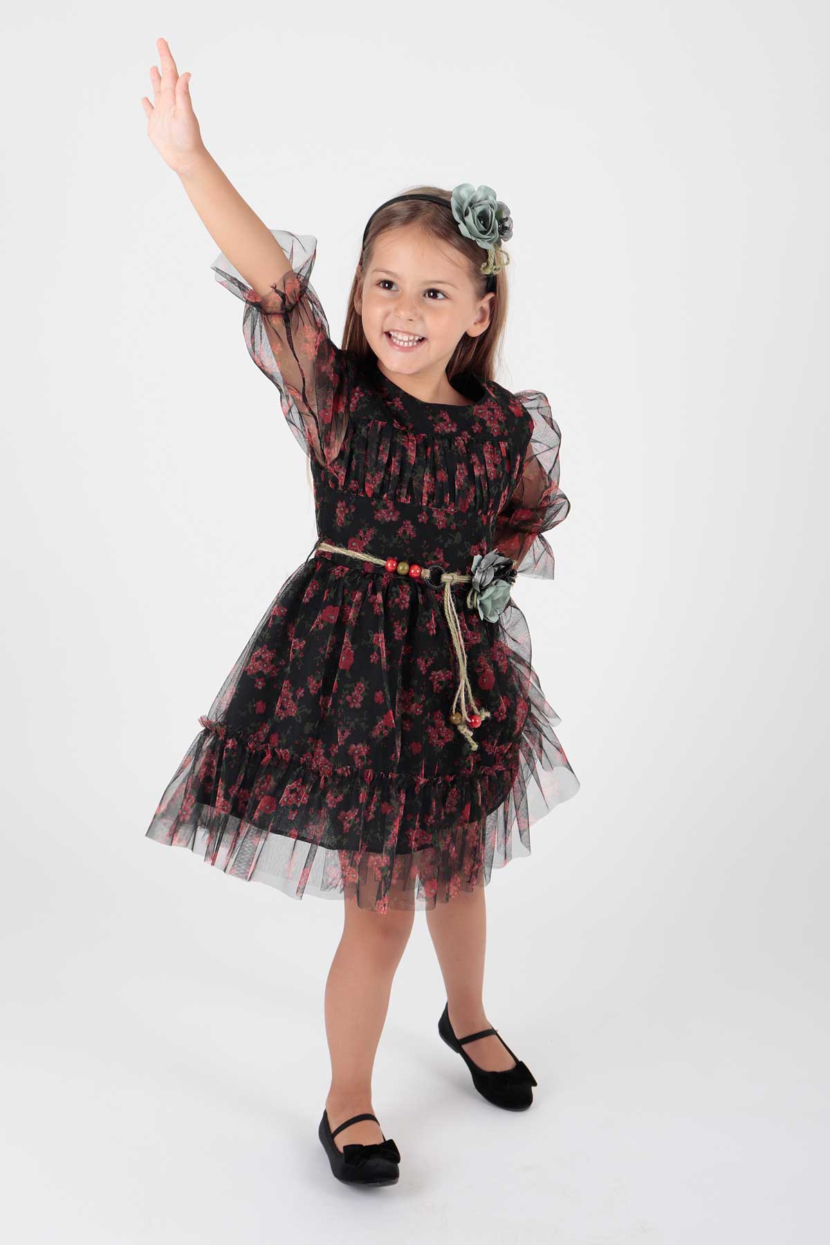 Girl's Dress Crowned Dress Belted Dress Floral Printed Tulle Ak2202