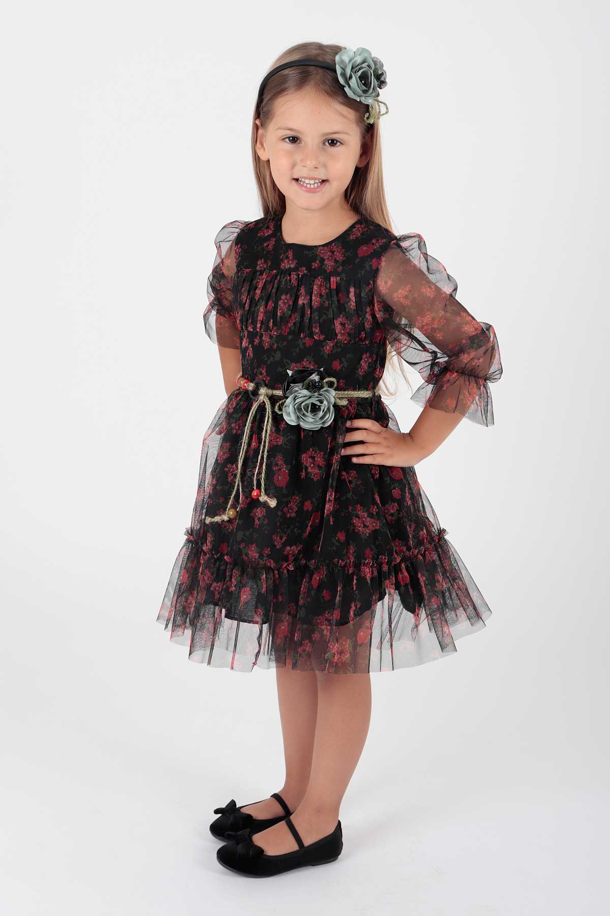 Girl's Dress Crowned Dress Belted Dress Floral Printed Tulle Ak2202