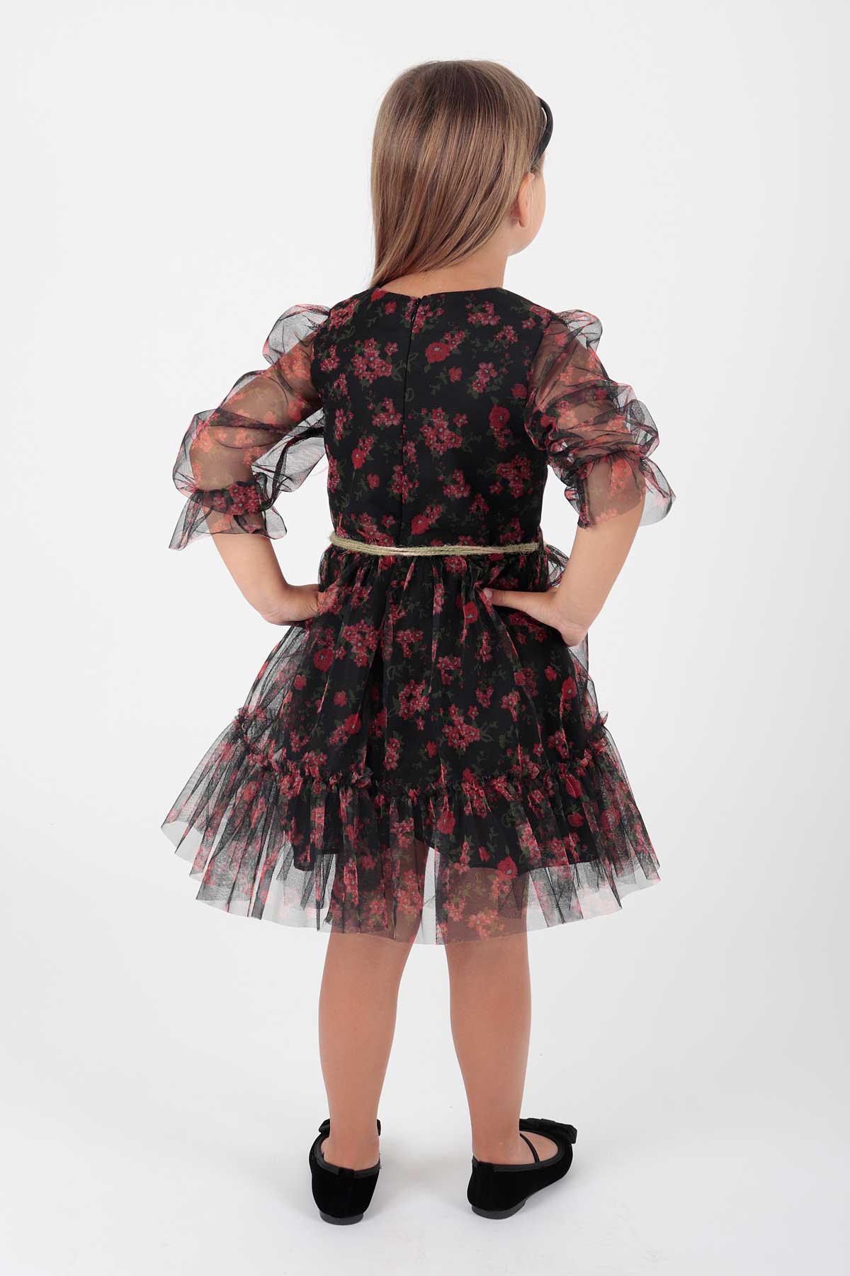 Girl's Dress Crowned Dress Belted Dress Floral Printed Tulle Ak2202