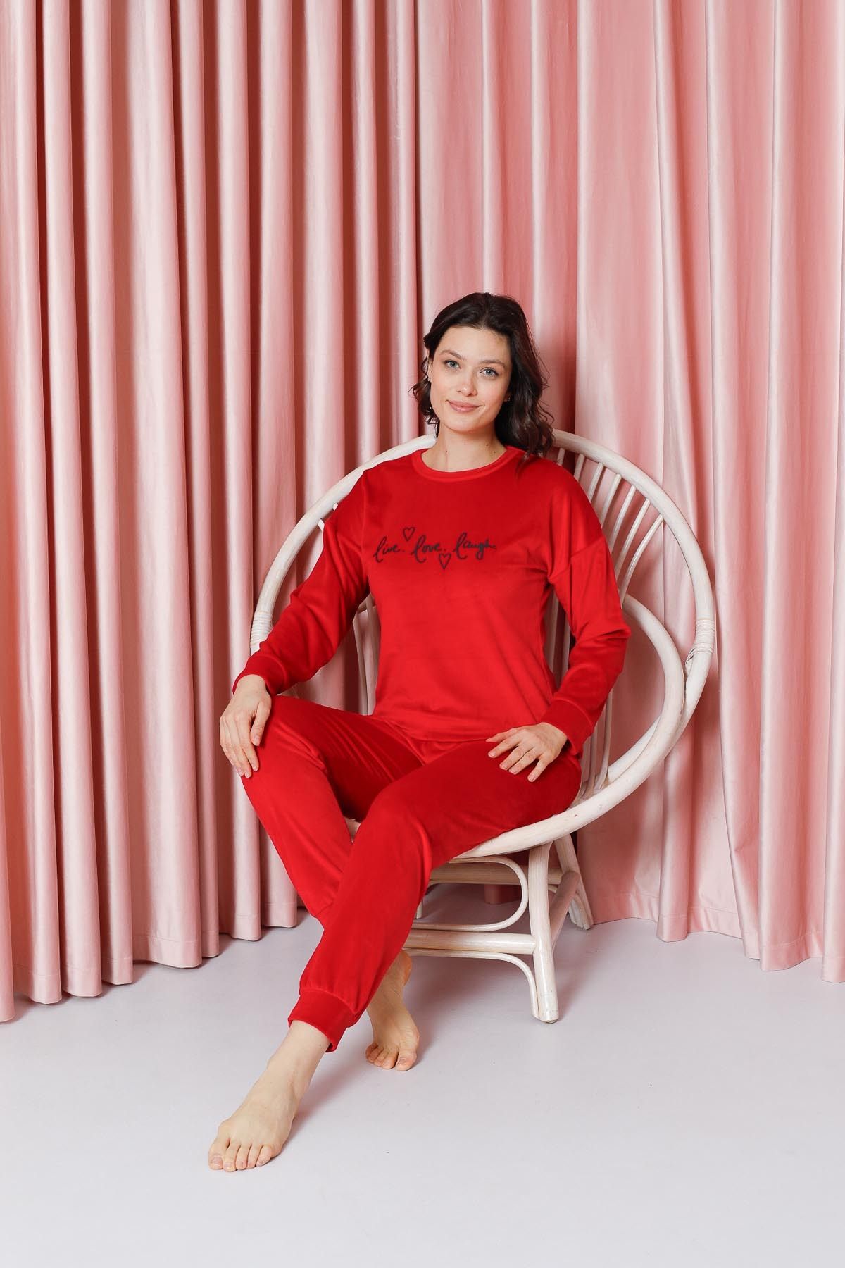 Women's Pajama Set French Velvet Sleeve Cuffed Live Love Laugh Winter Seasonal W20562295