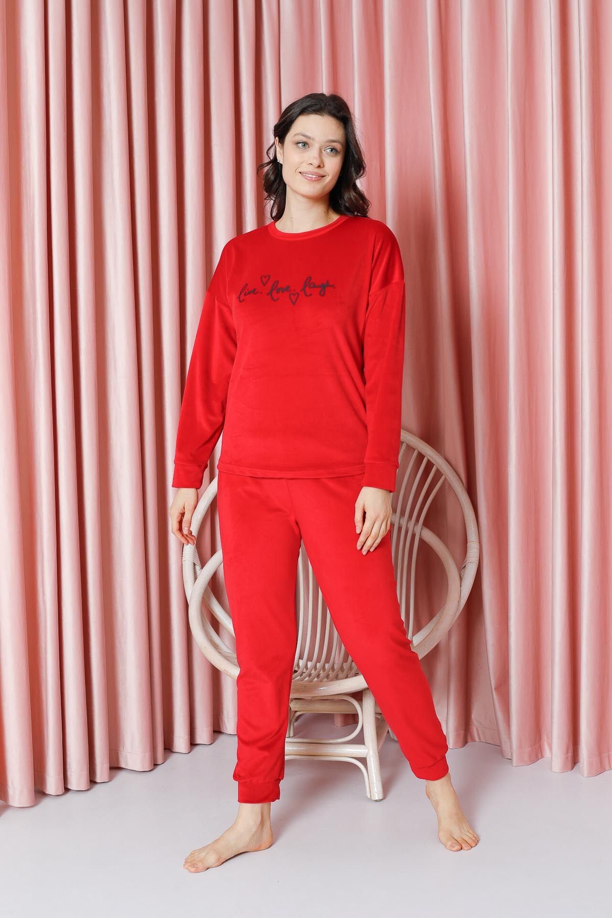 Women's Pajama Set French Velvet Sleeve Cuffed Live Love Laugh Winter Seasonal W20562295