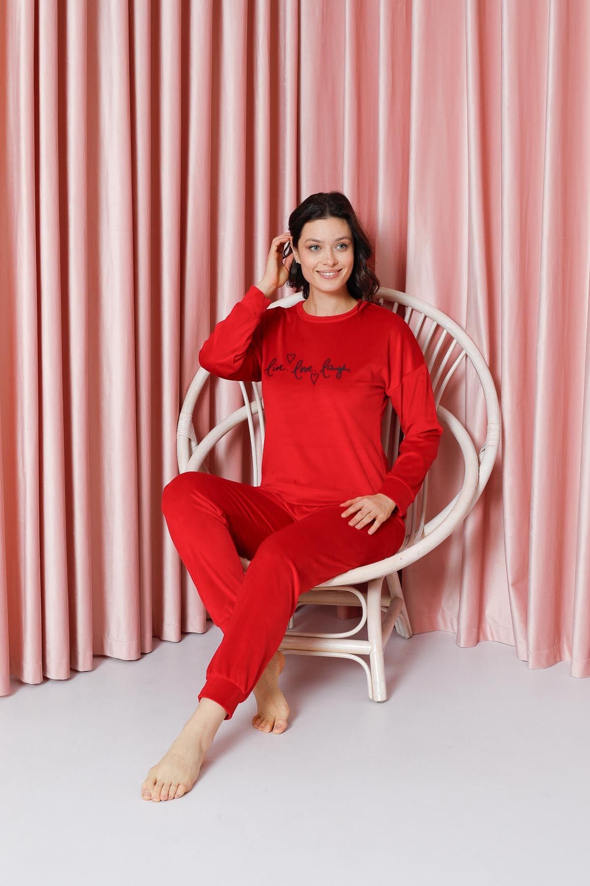 Women's Pajama Set French Velvet Sleeve Cuffed Live Love Laugh Winter Seasonal W20562295