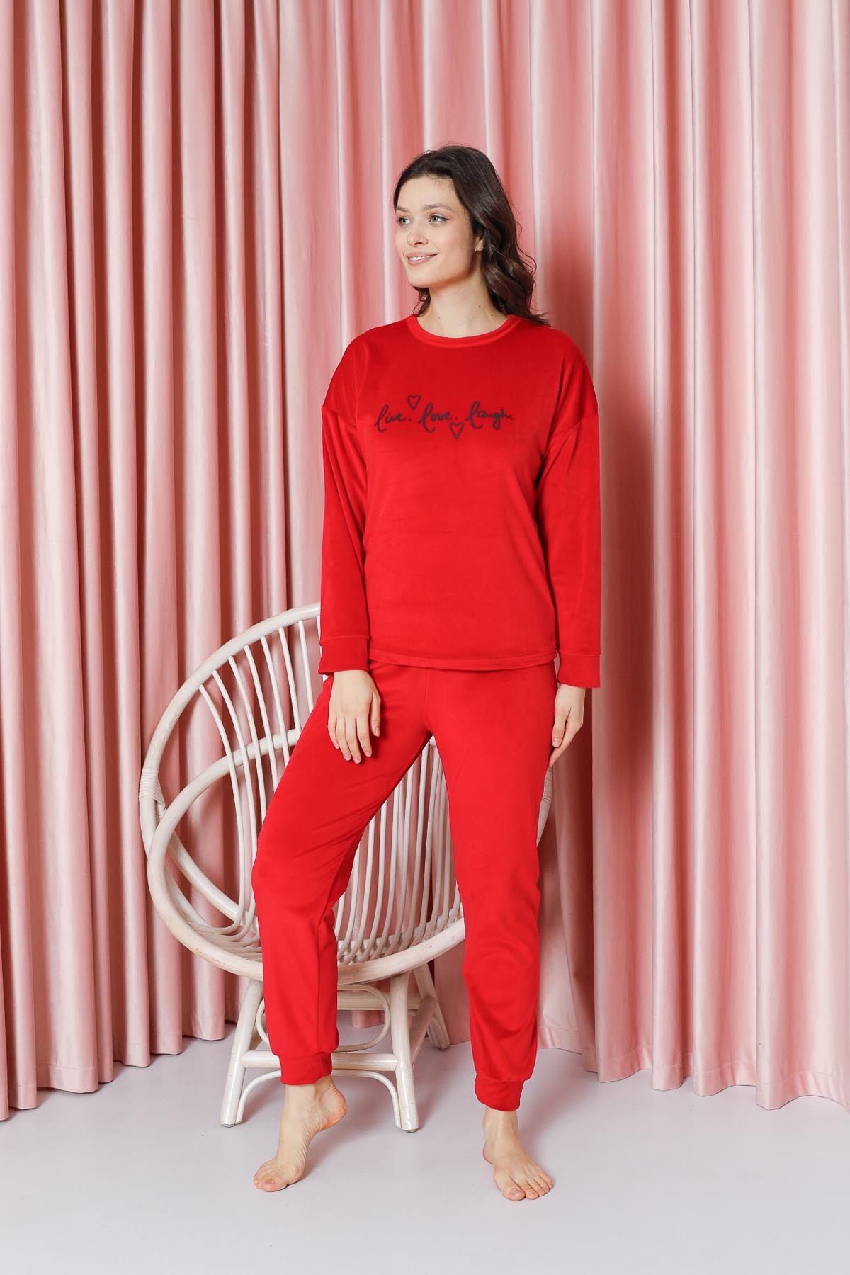 Women's Pajama Set French Velvet Sleeve Cuffed Live Love Laugh Winter Seasonal W20562295