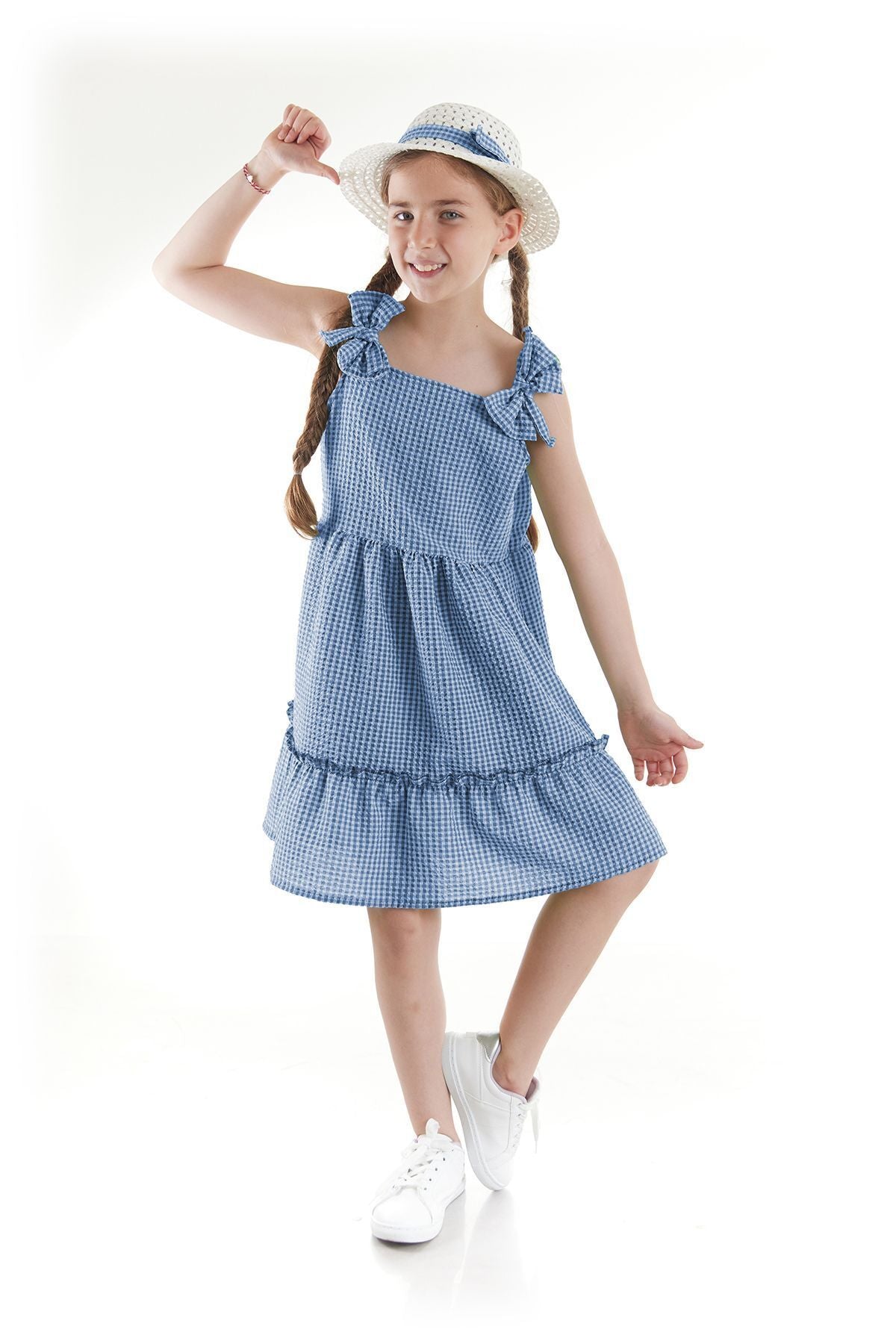 Girl's Dress Seersucker Pyramid Hat Set Dress Cotton Ak2524