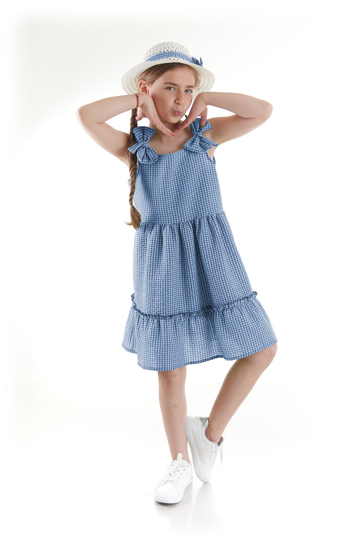 Girl's Dress Seersucker Pyramid Hat Set Dress Cotton Ak2524