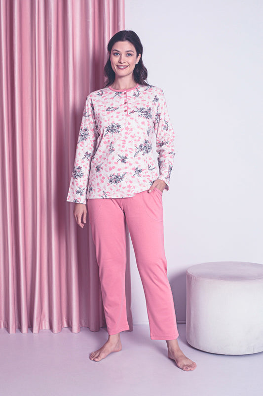 Women's Pajama Set Mother Interlock Three Button Top Floral Pattern Cotton Seasonal W30032258